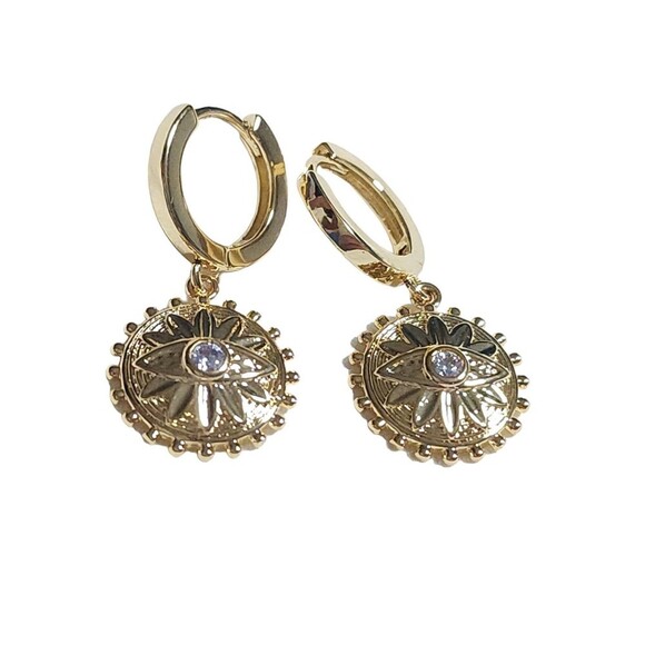 14k Gold Plated Evil Eye Huggie Dangle Earrings - Picture 3 of 6